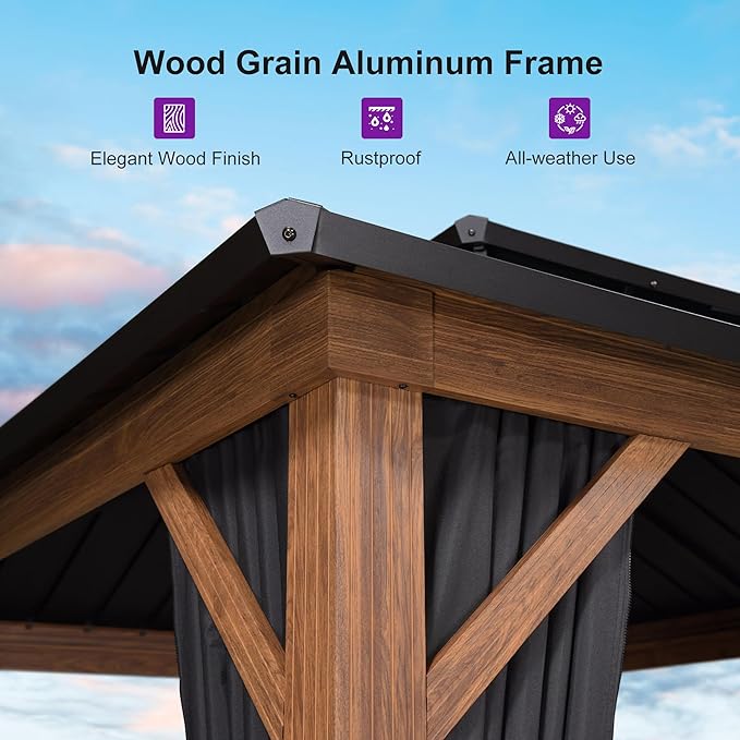 PURPLE LEAF 10' X 12' Hardtop Gazebo Outdoor Wood Grain Aluminum Frame Galvanized Steel Double Roof Gazebos with Netting and Curtains for Patio Deck Backyard Garden