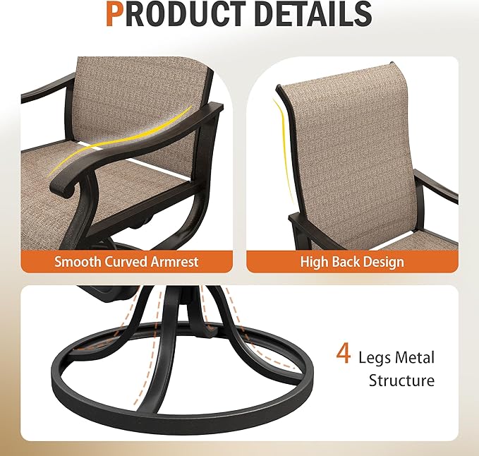 UDPATIO Patio Swivel Chairs Set of 4, Outdoor Patio Dining Chairs with All Weather Textilene Black Metal Frame for Lawn Garden Backyard, Brown