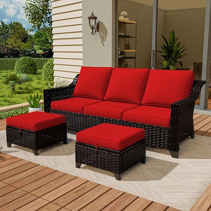 Vista Vibe 3 Pieces Outdoor Patio Conversation Furniture Set - 78" 3-seat Sofa | 2 Wicker Ottomans, Deep Seat Loveseat with Removable Cushions, Hand-Woven PE Rattan Couch, Lawn (Brown/Red)