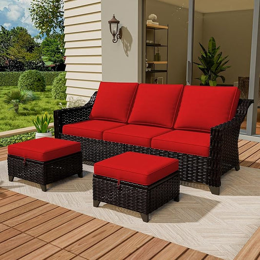 Vista Vibe 3 Pieces Outdoor Patio Conversation Furniture Set - 78" 3-seat Sofa | 2 Wicker Ottomans, Deep Seat Loveseat with Removable Cushions, Hand-Woven PE Rattan Couch, Lawn (Brown/Red)