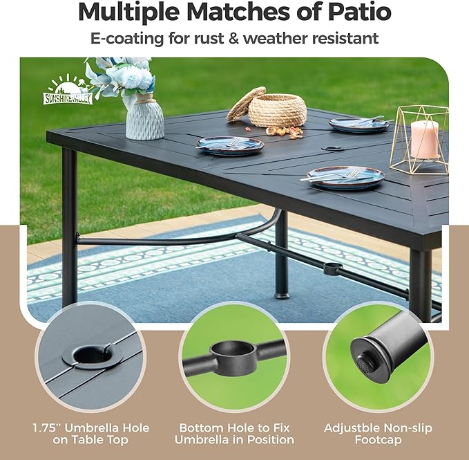 Patio Dining Set for 6, 64" Rectangular Metal Dining Table with Umbrella Hole and 6 Chairs, Outdoor Table and Chairs Set for Lawn Garden Backyard and Deck, Brown