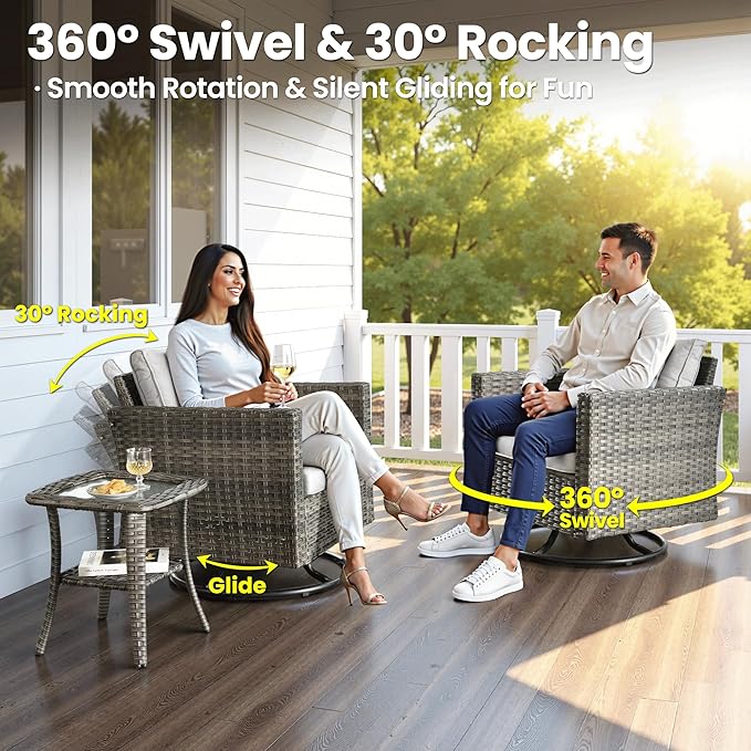 ovios 8 Pieces Patio Furniture Set with Swivel Chairs Rocking Gliders, Outdoor Sofa Couch with Solar Lights Table Comfy Cushions, Modern Deep Seat Wicker Rattan Conversation Set, Grey