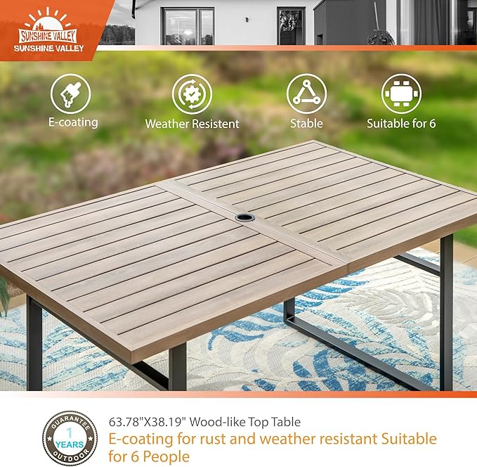 7 Piece Patio Dining Sets for 6, Outdoor Table and Chairs Set with 1 Patio Dining Table(1.61"-2" Hole) and 6 High Back Patio Chairs, Outdoor Dining Sets for Deck Backyard