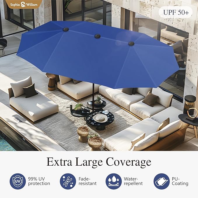 Sophia & William 8-Piece Outdoor Dining Set with 13ft Large Patio Umbrella - Navy, 6 x Grey Swivel Patio Chairs & 59" Dining Table for Lawn Garden