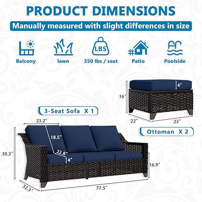 Vista Vibe 3 Pieces Outdoor Patio Conversation Furniture Set - 78" 3-seat Sofa | 2 Wicker Ottomans, Deep Seat Loveseat with Removable Cushions, Hand-Woven PE Rattan Couch, Lawn (Brown/Navy)