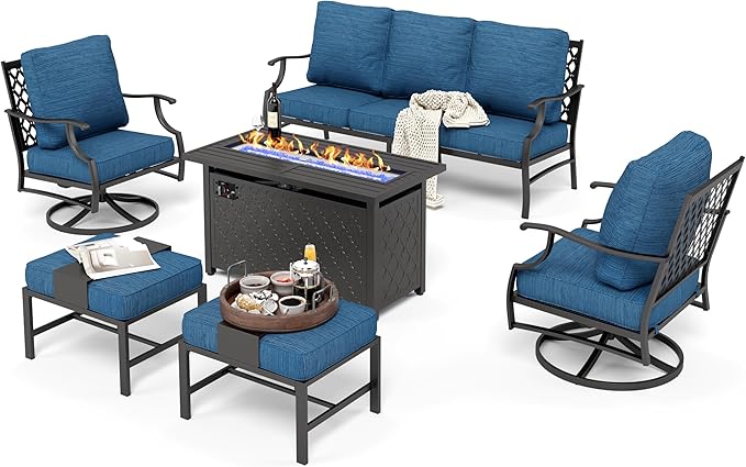HERA'S HOUSE 6 Pieces Patio Furniture Set with Fire Pit Table, 2 x Swivel Chair, 2 x Ottoman, 3-Seat Sofa with 45" Fire Pit Table, Outdoor Conversation Set for Garden Poolside Backyard, Pacific Blue