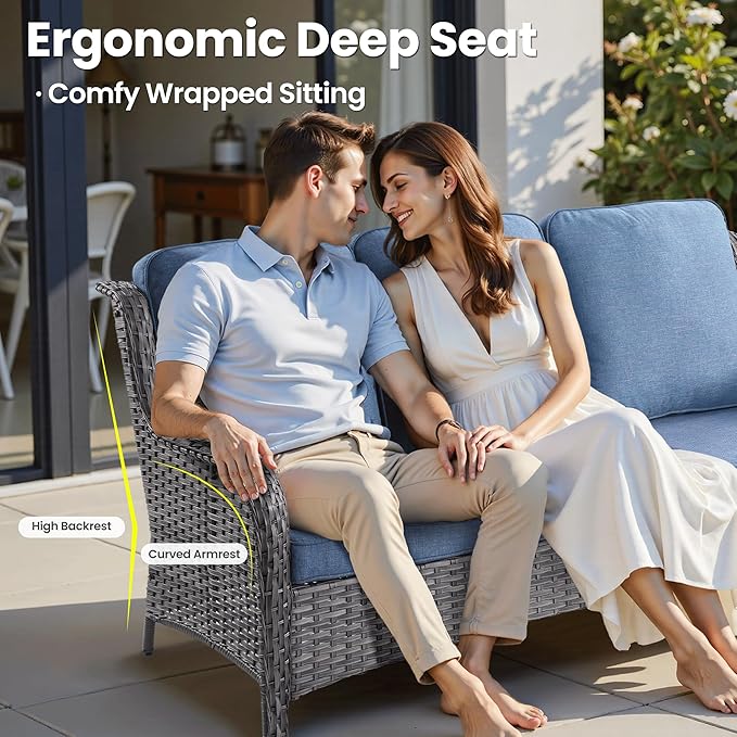 ovios 7 Pieces Patio Furniture Set, Outdoor Wicker Sofa Couch with Swivel Chairs 54" Fire Pit Table, High Back All Weather Modern Conversation Sets, Grey Rattan, Denim Blue