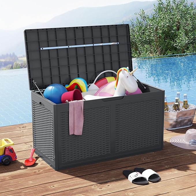 RELAX4LIFE 100-Gallon Resin Deck Box - Waterproof Outdoor Storage Box Container w/Lockable Lid & Wheels, Faux Rattan Porch Bench for Patio Furniture Cushions, Pool Accessories, Garden Tools (Grey)