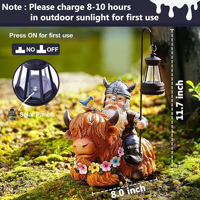 Garden Gnome Outdoor Statue 12 Inch Highland Cow Gnomes Decorations for Yard Patio Lawn Porch Birthday for Women, Mother’s Day, Housewarming with Solar Light Funny Decor for Outside