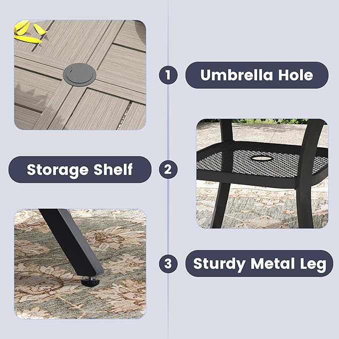 VICLLAX 5 Pieces Outdoor Dining Set, Patio Furniture Set of 4 Patio Swivel Dining Chairs and 40.6" Patio Spliced Round Tabletop with Storage Shelf, Grey Chairs & Antique Grey Tabletop