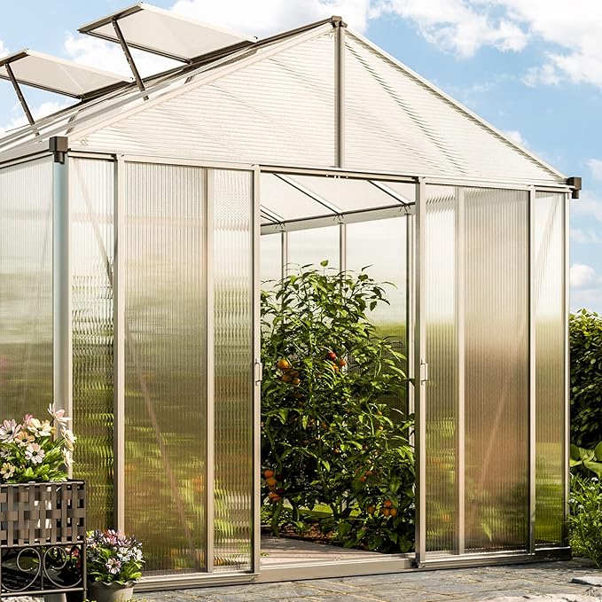 Greenhouse Rubin 5 Aluminum Frame 8.6 x 10.5 ft with Approx. 10 mm Polycarbonate Panels - with 2 Extra Skylights and 2 Automatic Window Openers