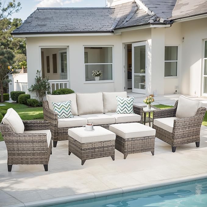 Patio Furniture Set, 6 Pieces Outdoor Wicker Rattan Sofa Couch with Rattan Chair, Side Table, Ottomans and Comfy Cushions, All Weather Patio Conversation Sets, Suit for Porch Deck Garden