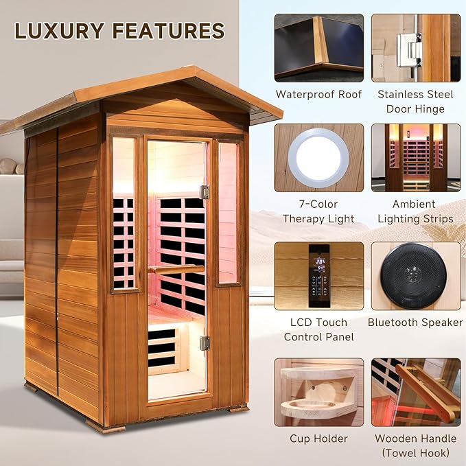 Outdoor Sauna 2 Person Sauna Outdoor Infrared Sauna 2-Person for Home 1800w Outdoor Saunas for Home Canadian Hemlock and Red Cedar Wood Sauna Outdoor Two Person Far Infrared Sauna Low EMF for Backyard