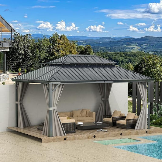 Domi 12'x16' Hardtop Gazebo Canopy,Outdoor Aluminum Gazebo with Galvanized Steel Double Roof,Permanent Gazebo with Drainage System,Curtain and Netting Included,Grey