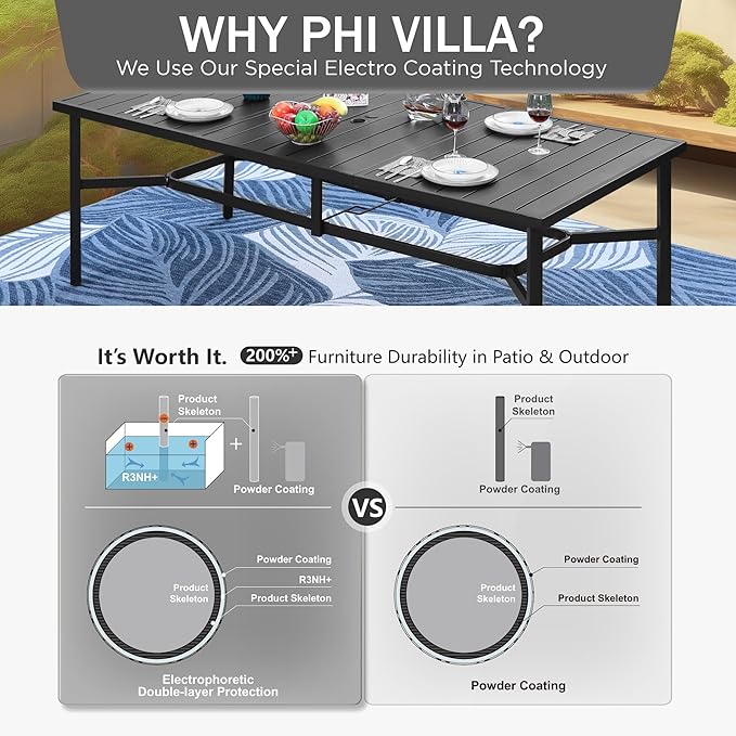 PHI VILLA 9 Piece Patio Dining Set, Patio Furniture Outdoor Dining Set with Adjustable Portable Patio Folding Chairs (Black) & Large Patio Dining Table for Yard, Garden and Deck