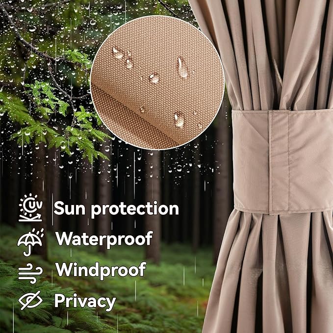 Gazebo Curtain Replacement Universal 4-Panel Sidewalls 11' x 13', Outdoor Gazebo Privacy Curtains with Zipper, Replacement for Outdoor, Patio Canopy, Garden and Backyard (Curtain Only)