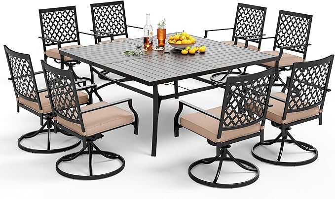 PHI VILLA 9-Piece Metal Patio Outdoor Table and Chairs Outdoor Dining Set - Large Square Patio Table and 8 Backyard Garden Chairs, Black