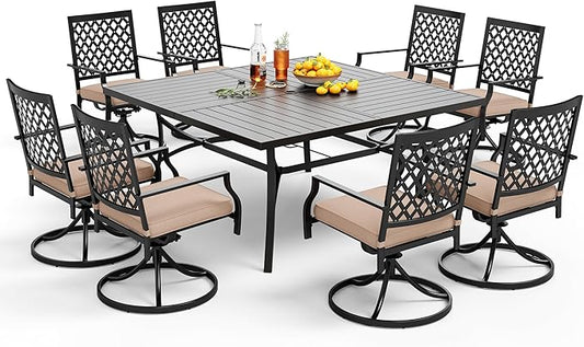 PHI VILLA 9-Piece Metal Patio Outdoor Table and Chairs Outdoor Dining Set - Large Square Patio Table and 8 Backyard Garden Chairs, Black