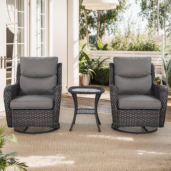 Patio Swivel Chairs with Smile-Shaped Cushions, 3 Piece High Back Patio Swivel Glider Chairs with Side Table 3PCS PE Rattan Luxury Swivel Patio Chairs Set Brown Wicker | Grey Cushions