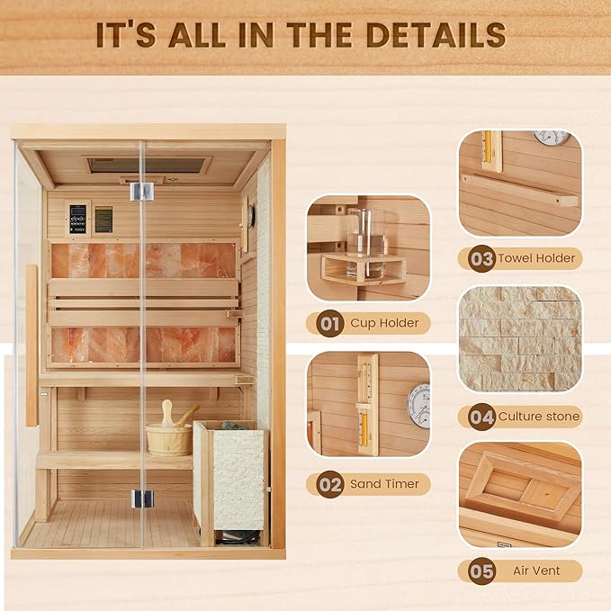 Traditional Steam Saunas for 2-4 Person,Luxurious Indoor Sauna with 2300W Stove Heater,Wood Saunas Room with 2 Himalayan Salt Bricks,7-Color Dynamic Abysm Sky Lights,Bluetooth Speaker