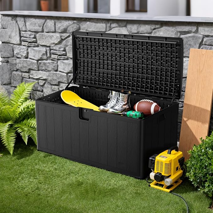 JEKO&JEKO 110 Gallon Outdoor Storage Box – Large Plastic Deck Box with Lockable Lid for Patio Furniture, Garden Supplies, and Shoes, Black