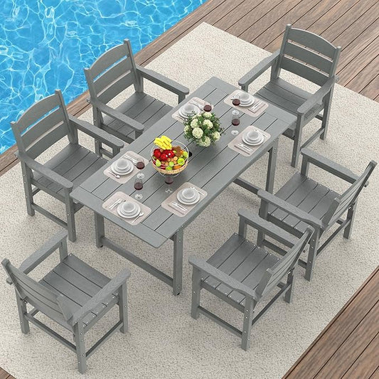 7-Piece HIPS Patio Dining Set, Outdoor Dining Table and Chairs Set with Umbrella Hole, Weatherproof Dining Table Set for 6 Person, Patio Furniture Set for Outside Deck, Grey