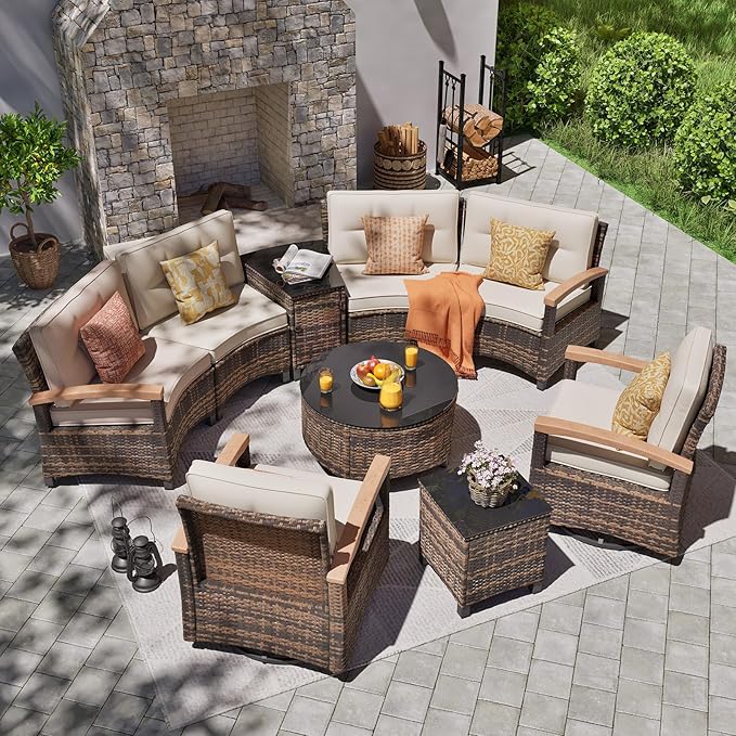 MEISSALIVVE 9 Piece Outdoor Patio Furniture Set, Half-Moon Curved Sectional Set with Wood Armrests, Patio Conversation Set, Tempered Glass Coffee & Side Tables（Brown）