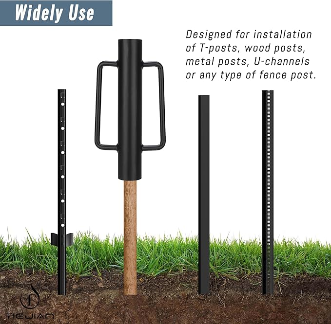 Fence Post Driver T Post Pounder with Handle 18 LB, Heavy Duty Hand Post Rammer for Wooden Posts/U-Channels/Fence Posts, 16 Inch Post Hole Digger (Black)
