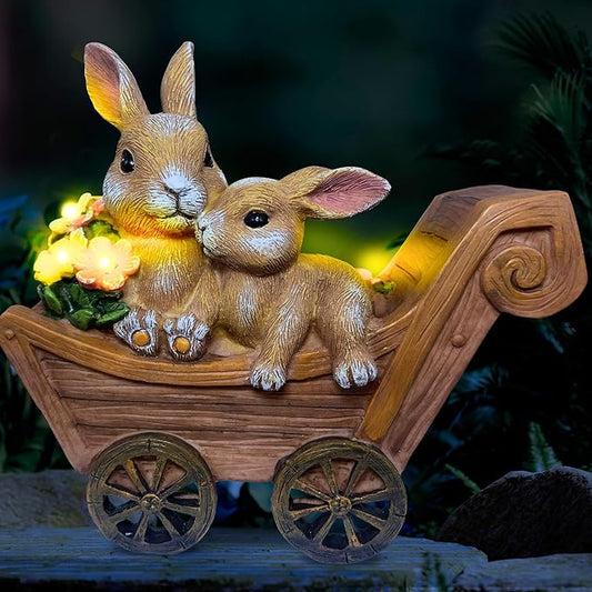 PRETMANNS Solar Rabbit Garden Statue - Mother & Baby Bunny Outdoor Decor with LED Lights for Patio, Yard Ornaments & Gifts for Women & Mom - Large