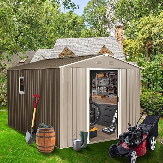 8x10 FT Outdoor Metal Shed,Tool Storage Cabinet with Floor Base and Window,Sliding Doors & Padlock,Waterproof Oversized Shelter for Shovels,Umbrellas,Grey