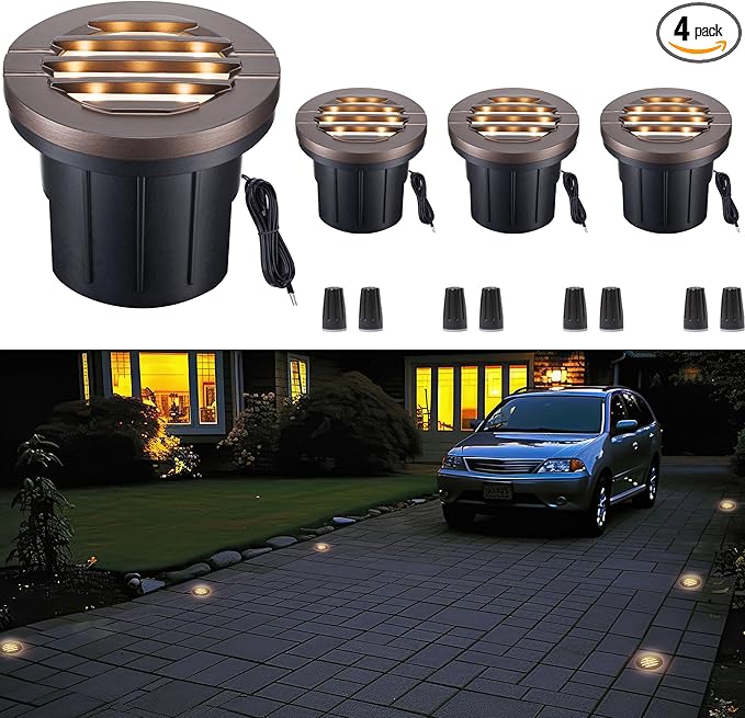 LED Outdoor In-Ground Well Lights, 12V Low Voltage Wired Landscape Lighting for Pathway & Driveway, IP67 Waterproof, 3000K Warm White Anti-Glare, Aluminum ORB Finish (4-Pack, Integrated LED)