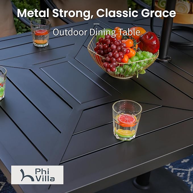 PHI VILLA 7 Piece Outdoor Dining Set for 6, 64" Wrought Iron Dining Table with Umbrella Hole & Cushioned Rattan Chairs for Patio, Yard, Porch, Deck