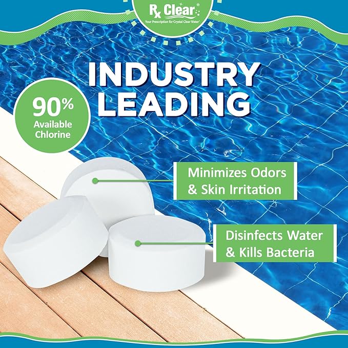 Rx Clear 1" Inch Chlorine Tabs | 50 Pounds | Use Tablets as Bactericide, Algaecide, & Disinfectant in Swimming Pools | Stabilized, Long Lasting, Slow Dissolving, & UV Protected