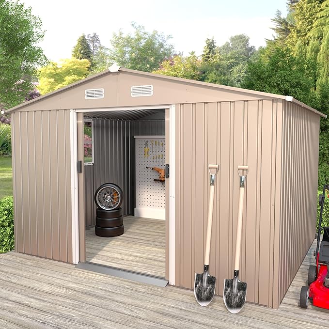 10×8FT Outdoor Storage Shed with Window,Large Metal Tool Shed with Lockable Door and Rainproof Sloped Roof, Garden Shed for Backyard, Patio, Brown