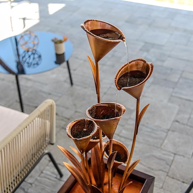 XBrand Metal Sculptural Multi-Tiered Flower Water Fountain, No LED Lights, Bronze, 46" Tall