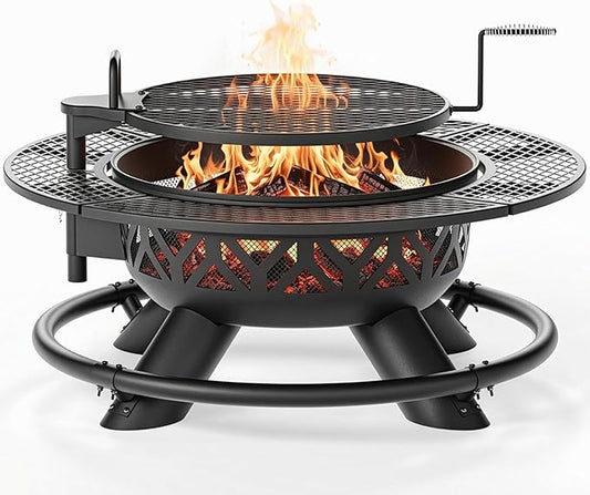 47 Inch Heavy Duty Steel Fire Pit with Grill, Large Outdoor Fire Pits for Outside Wood Burning, BBQ