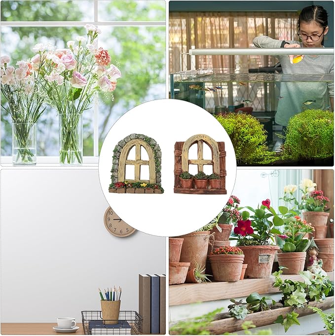 DOITOOL 2Pcs Miniature Fairy Garden Window,Artificial Window Ornament Miniature Fairy Doors Gnome Home Decoration,Resin Landscape Yard Art Garden Sculpture Fish Tank Decoration (Pack of 2)