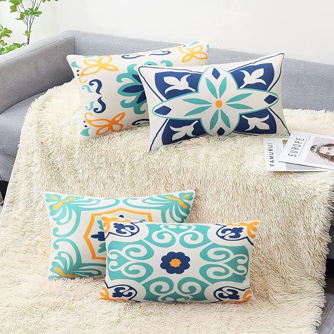 Outdoor Waterproof Throw Pillow Covers Set of 4 Floral Printed and Boho Farmhouse Outdoor Pillow Covers for Patio Funiture Garden 12x20 Inch Blue