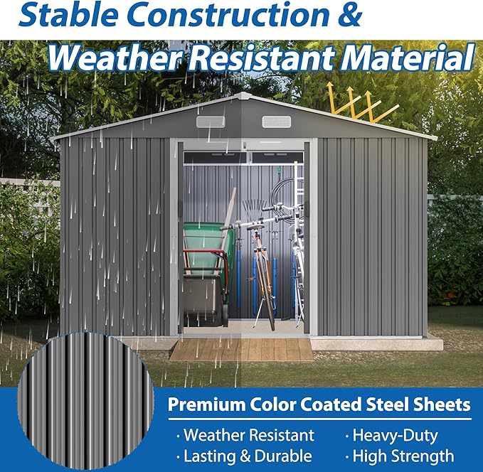10X8 FT Outdoor Storage Shed, Lockable Doors, Tool Shed for Garden, Patio, Backyard, Lawn, Grey