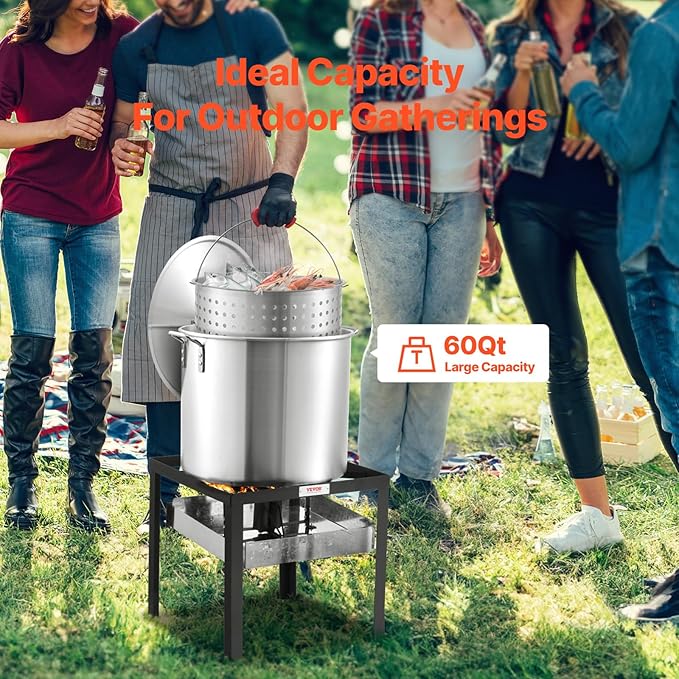 VEVOR 60 Qt Seafood Boiling Kit with Strainer, Outdoor Seafood Boil Pot and Basket, Cooking Set for Crab Crawfish Lobster Boiling, Aluminum Stockpot with 100,000 BTUs Propane Burner and Steamer Rack