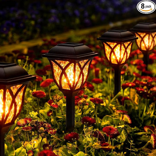 GIGALUMI Solar Lights Outdoor Waterproof, 8 Pack Flickering Flame LED Lights, Garden Decor for Yard, Patio, Landscape, Planter, Walkway, Transparent Cover