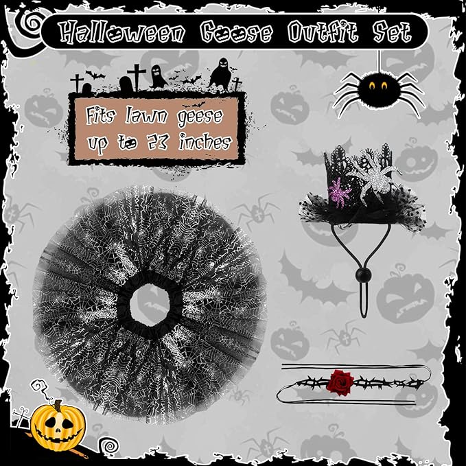 Halloween Porch Goose Outfits and Goose Clothes Fits 23" Plastic Cement Statues, Black Goose Outfit Costume with Rose Necklace for Outdoor Patio Yard Lawn Party