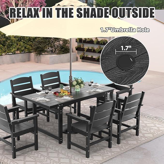7-Piece HIPS Patio Dining Set, Outdoor Dining Table and Chairs Set with Umbrella Hole, Weatherproof Dining Table Set for 6 Person, Patio Furniture Set for Outside Deck, Black