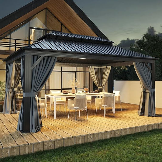 Aoxun 12FT X 16FT Hardtop Gazebo, Outdoor Pergolas with Mosquito Netting and Curtains, Galvanized Steel Double Roof Permanent Aluminum Gazebo, for Gardens, Decks, Patios, Parties, with Ground Nails