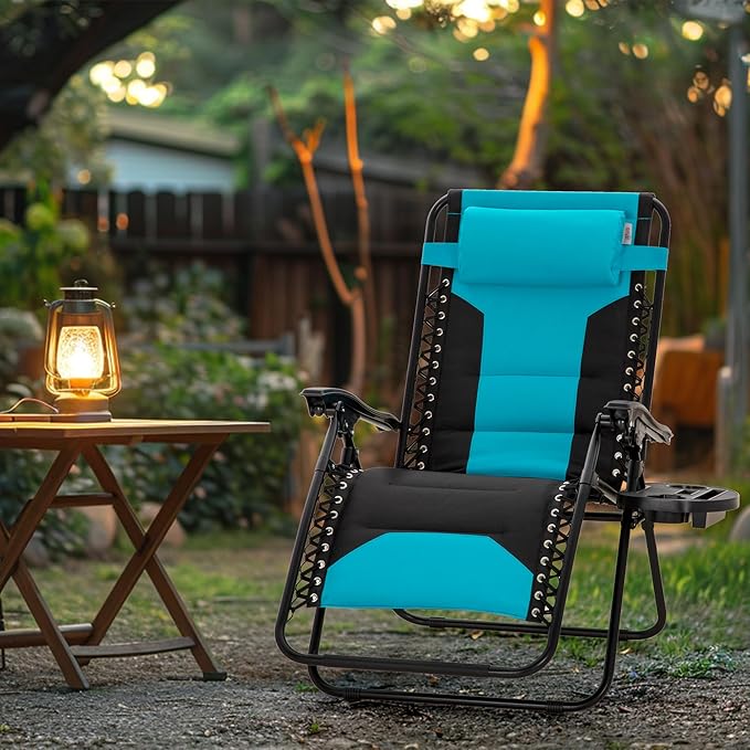 MAISON ARTS Oversized Padded Zero Gravity Chairs Set of 2, Folding Patio Lounge Chair, 28" Wide Seat Anti Gravity Recliners for Outdoor Lawn Camping Poolside Yard, Support 400lbs, Aqua