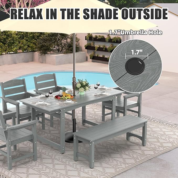 6-Piece HIPS Patio Dining Set, Outdoor Dining Table and Chairs Set with Umbrella Hole, Weatherproof Dining Table Set for 6 Person, Patio Furniture Set for Outside Deck, Grey
