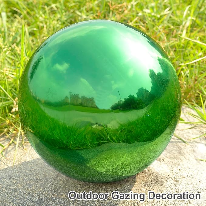 Nerien 12 Inch Gazing Ball, Stainless Steel Garden Mirror Globe, Polished Ornament Sphere, Hollow Floating Reflective Hemisphere, Home Outdoor Pond Housewarming Swimming Pool Decoration Gift, Green