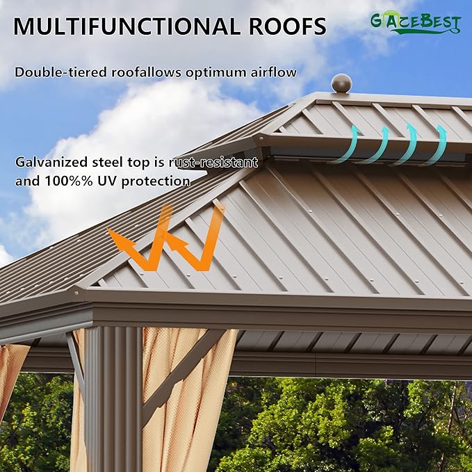12'x20' Hardtop Gazebo Outdoor Aluminum Patio Gazebo Double Roof Galvanized Steel Canopy with Netting and Curtains for Garden, Backyard,Deck and Lawns
