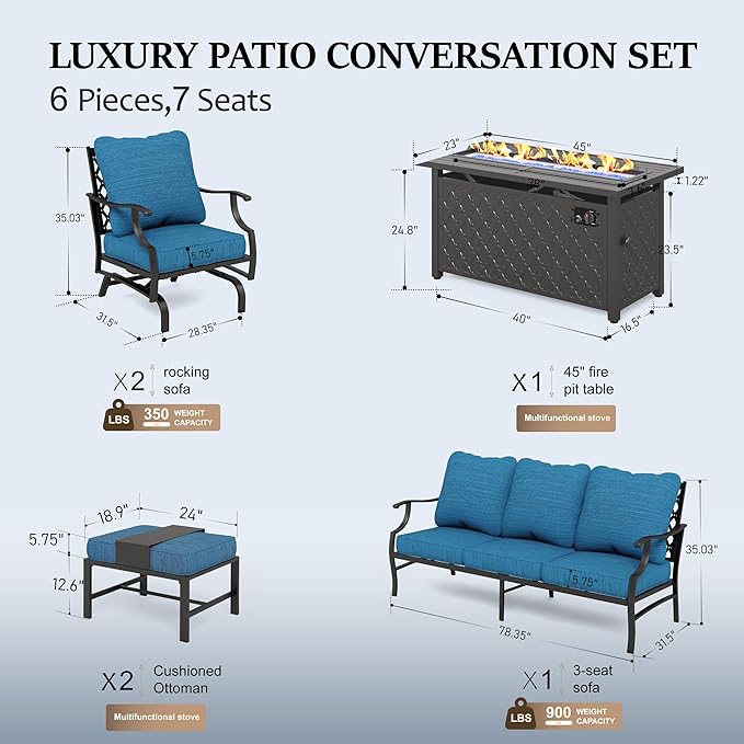 HERA'S HOUSE 6 Pieces Patio Furniture Set with Fire Pit Table, 2 x Rocking Chair, 2 x Ottoman, 3-Seat Sofa with 45" Fire Pit Table, Outdoor Conversation Set for Garden Poolside Backyard, Pacific Blue
