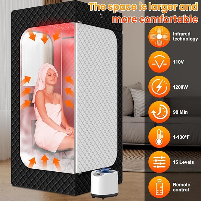 Infrared Sauna Box for Home, Portable Steam Saunas Indoor with 660nm Red Light Therapy Lamp, 3L Steamer, Folding Chair, Large Personal Full Body Sauna Spa Tent, 15 Levels